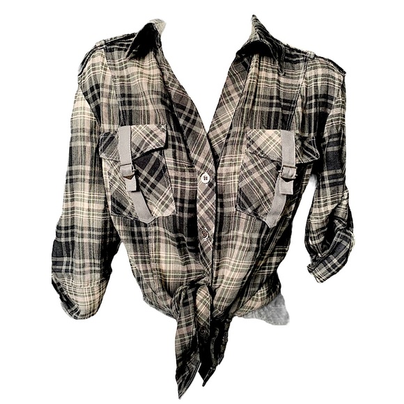 Brown Plaid Utility Button Up Top Size Small - Picture 2 of 11